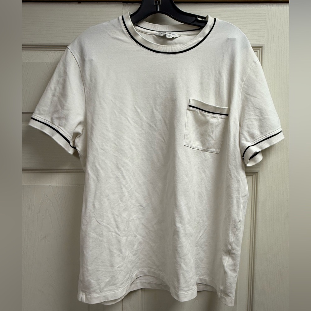 Club Monaco White Pique and Black trim Short Sleeve Tee with pocket